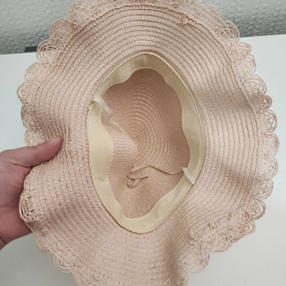 Vintage Blush Straw Sun Hat Floral Appliqué Ribbon Cottagecore Light Pink - Picture 9 of 9